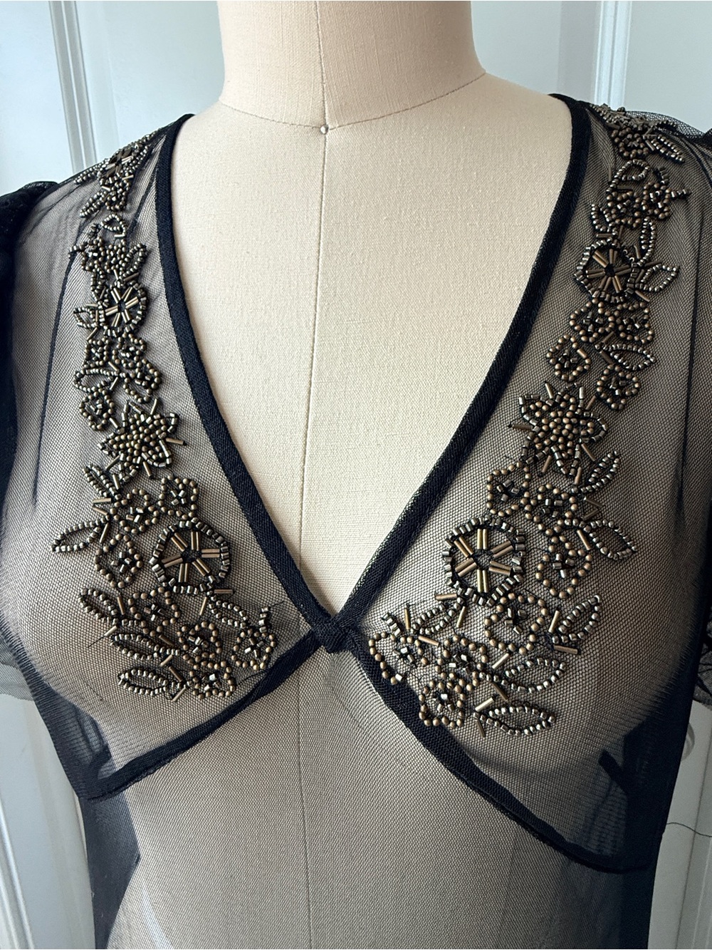 Free People Annabelle Sheer Black Mesh Maxi Dress with Gold Embroidery NEW - Picture 7 of 13